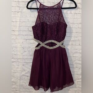 Xtraordinary Plum Lace & Beaded Cutout Party Dress